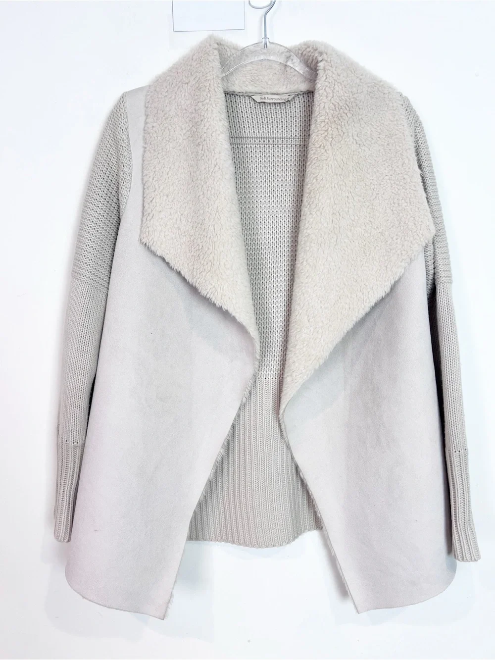 SOFT SURROUNDINGS OFF-WHITE FAUX SUEDE KNIT SLEEVE CARDIGAN JACKET SZ MEDIUM